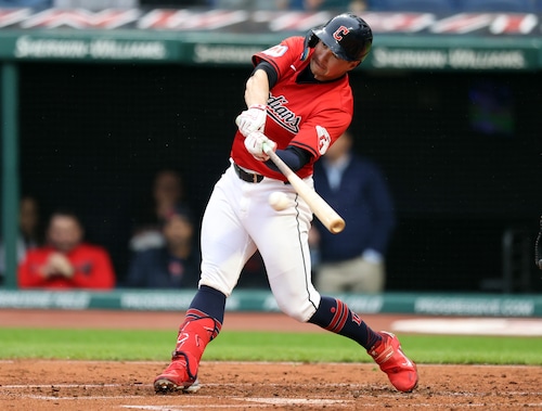 Cleveland Guardians right fielder Will Brennan singles against the Boston Red Sox in the second inning.