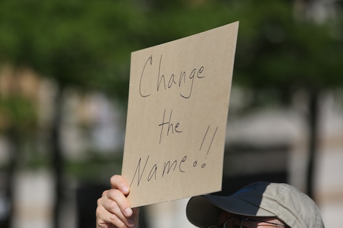 Protesters gather outside Progressive Field to protest Indians name and logo