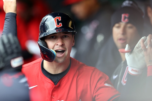 Cleveland Guardians right fielder Will Brennan reacts after hitting a solo home run against thew Oakland Athletics in the second inning.