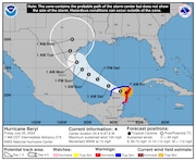 Hurricane Beryl, the earliest Category 5 hurricane ever, hit Mexico's Yucatan penisula Friday. It is expected to strengthen once it re-emerges over the Gulf of Mexico and moves toward Texas. This map shows Beryl's projected path.