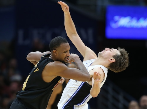 Cleveland Cavaliers forward Evan Mobley is called for a foul on pushing Orlando Magic forward Franz Wagner in the second half