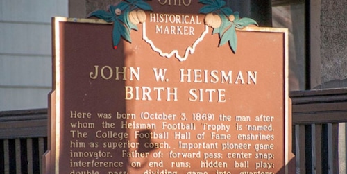 This historic marker denoting the birthplace of football legend was posted in 1978 in Cleveland's Ohio City neighborhood. On Wednesday, the city corrected a 42-year-old mistake, designating the actual site of Heisman's birth three blocks up the street as a landmark. A new marker will eventually be posted.