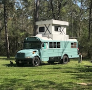 Hear from travelers who converted a school bus into a "schoolie" RV in this episode of "Rocking the RV Life." (Photo courtesy of Jeff and Patti Kinzbach)