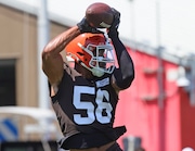 Cleveland Browns linebacker Jordan Hicks catches a pass in coverage drills during minicamp in Berea.