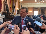 Ohio House Speaker Jason Stephens speaks briefly to reporters on the House floor Wednesday following the passage of a two-year, $88 billion state budget proposal. (Jeremy Pelzer, cleveland.com)