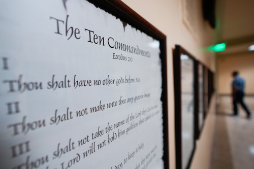 A copy of the Ten Commandments is posted along with other historical documents in a hallway of the Georgia Capitol on Thursday, June 20, 2024, in Atlanta. Civil liberties groups filed a lawsuit Monday, June 24, challenging Louisiana’s new law that requires the Ten Commandments to be displayed in every public school classroom.