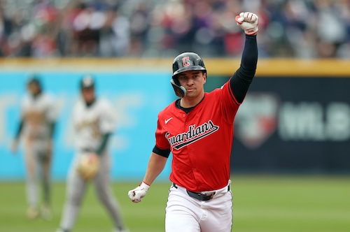 Cleveland Guardians right fielder Will Brennan reacts after hitting a solo home run against thew Oakland Athletics in the second inning.