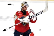 Florida Panthers goaltender Sergei Bobrovsky acknowledges the crowd after his team defeated the Edmonton Oilers in Game 1 of the NHL hockey Stanley Cup Finals, Saturday, June 8, 2024, in Sunrise, Fla. (AP Photo/Michael Laughlin)