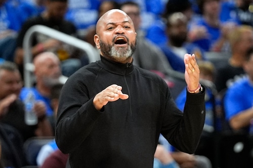 Cleveland Cavaliers head coach J.B. Bickerstaff directs his players during the first half of Game 4 of an NBA basketball first-round playoff series against the Orlando Magic, Saturday, April 27, 2024, in Orlando, Fla. (AP Photo/John Raoux)