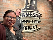 After a canceled flight threatened their anniversary trip, Nancy Kelsey and her husband rallied back to good spirits. Here, they're on a tour of the Jameson Distillery in Dublin, after finally making it to the U.K.