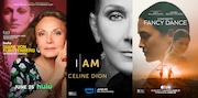 This combination of images shows promotional art for the documentary "Diane von Furstenberg: Woman in Charge," left, the documentary "I Am Celine Dion," center, and the film "Fancy Dance." (Hulu/Prime/Apple TV+ via AP)