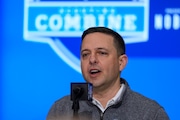 New England Patriots director of scouting Eliot Wolf speaks during a press conference at the NFL football scouting combine in Indianapolis, Tuesday, Feb. 27, 2024. (AP Photo/Michael Conroy)