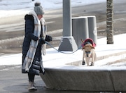 A pedestrian walks her dog wearing snow boots through Public Square as temperature drops to single digits, January 16, 2024.

Cleveland cold winter weather