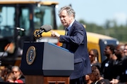 Sen. Sherrod Brown, D-Ohio speaks during the groundbreaking ceremony for the new Intel semiconductor manufacturing facility in New Albany, Ohio, Friday, Sept. 9, 2022. (AP Photo/Paul Vernon)