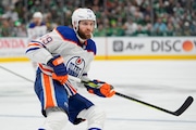 Edmonton Oilers center Leon Draisaitl skates against the Dallas Stars during the second period of Game 5 of the Western Conference finals in the NHL hockey Stanley Cup playoffs Friday, May 31, 2024, in Dallas. (AP Photo/Julio Cortez)