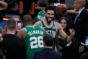 Jayson Tatum, shown celebrating after eliminating the Indiana Pacers, will lead the Celtics into Game 1 of the NBA Finals tonight against the Mavericks.