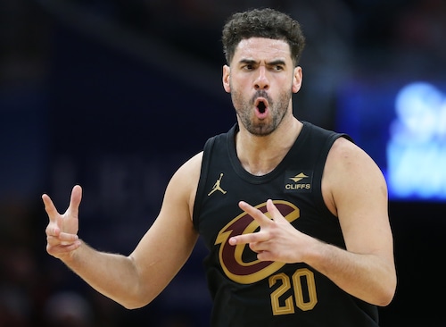 Cleveland Cavaliers forward Georges Niang reacts after hitting a three-point score in the second half