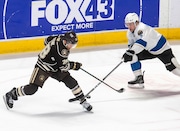 Hershey's Ethen Frank and Cleveland’s Denton Mateychuk battle for the puck in game 6 of the Eastern Conference finals at the Giant Center, June 10, 2024.
Vicki Vellios Briner | Special to PennLive