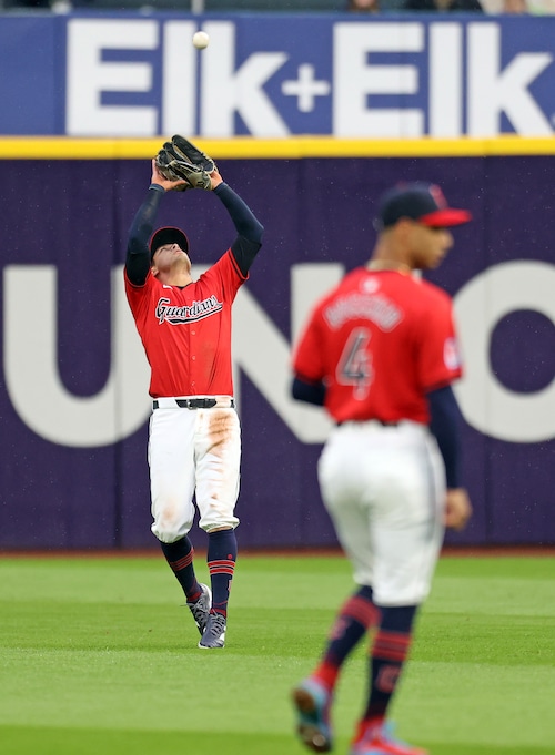 Boston Red Sox first baseman Bobby Dalbec flies out to Cleveland Guardians center fielder Tyler Freeman in the third inning.