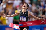 American transgender middle distance runner Nikki Hiltz celebrates after winning the women's 1500-meter final during the U.S. Track and Field Olympic Team Trials, Sunday, June 30, 2024, in Eugene, Ore. Hiltz ran a record-breaking time of 3:55.33 to place first and qualify for the 2024 Paris Olympics. (AP Photo/Charlie Neibergall)