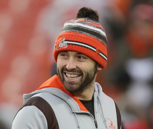 Cleveland Browns quarterback Baker Mayfield after warm ups before the Browns' Jan 9. 2022, game against the Cincinnati Bengals at FirstEnergy Stadium.