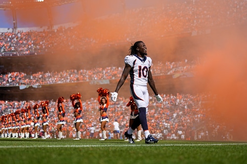 Denver Broncos wide receiver Jerry Jeudy (10) takes the field during player introductions against the Washington Commanders during an NFL football game Sunday, Sept. 10, 2023, in Denver. (AP Photo/Jack Dempsey)