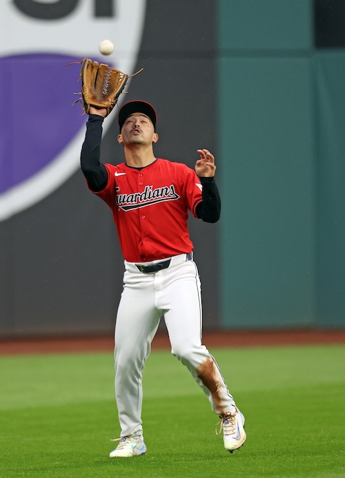 Boston Red Sox left fielder Wilyer Abreu flies out to Cleveland Guardians left fielder Steven Kwan in the fourth inning.