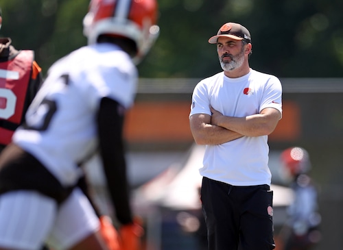 Cleveland Browns head coach Kevin Stefanski watches during a drill at Cleveland Browns mandatory minicamp in Berea Wednesday.