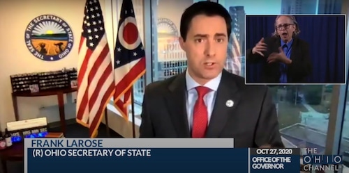 Ohio Secretary of State Frank LaRose speaks on a state broadcast on Oct. 27, 2020.