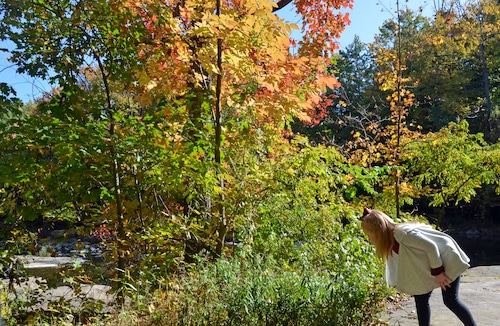 Girl smelling flowers with autumn colors