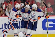 Connor McDavid, middle, and the Oilers host the Panthers in Game 6 of the Stanley Cup Final on Friday night in Edmonton.