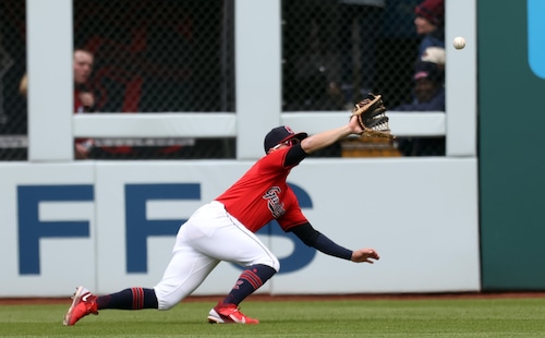 Oakland Athletics left fielder Seth Brown lines out to Cleveland Guardians right fielder Will Brennan in the sixth inning.