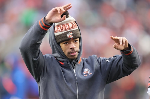 Cleveland Browns cornerback Greg Newsome II pumps up the fans at their field exit for their upcoming playoff game