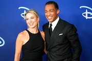 Amy Robach and T. J. Holmes attend the Disney 2022 Upfront presentation at Basketball City Pier 36 on Tuesday, May 17, 2022, in New York. (Photo by Charles Sykes/Invision/AP)