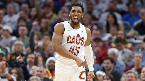 Cleveland Cavaliers guard Donovan Mitchell reacts after scoring against the Orlando Magic in the first half of play.