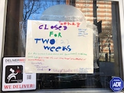 Sign outside of Ohio City Burrito on West 25th St. in Cleveland on March 15, 2020. (Jordyn Grzelewski, The Plain Dealer)