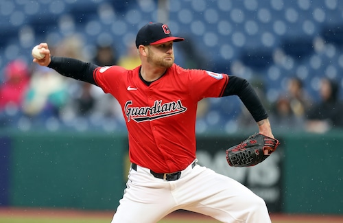 Cleveland Guardians starting pitcher Ben Lively pitches afgainst the Boston Red Sox in the first inning.