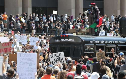 A large group of protesters gather in front of the Justice Center May 30, 2020