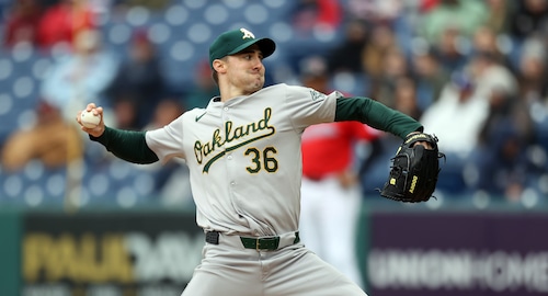 Oakland Athletics starting pitcher Ross Stripling pitches against the Cleveland Guardians in the second inning.