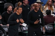 Celtics head coach Joe Mazzulla, left, and assistant coach Sam Cassell during Game 3 against Dallas.