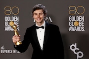 BEVERLY HILLS, CALIFORNIA - JANUARY 10: Evan Peters poses with the Best Actor in a Limited or Anthology Series or Television Film award for "Dahmer – Monster: The Jeffrey Dahmer Story" in the press room during the 80th Annual Golden Globe Awards at The Beverly Hilton on January 10, 2023 in Beverly Hills, California. (Photo by Frazer Harrison/WireImage)
