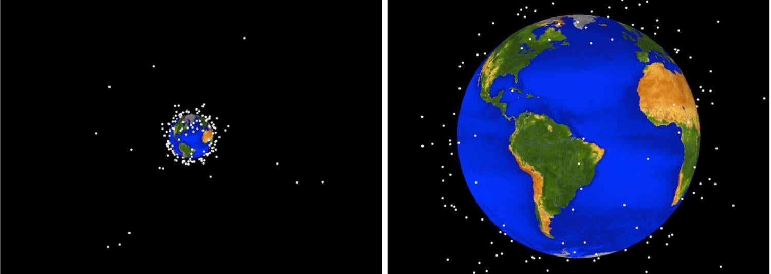 Animation of the Earth with a few white dots around in representing objects in orbit
