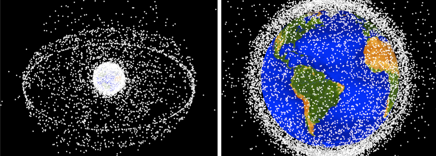 Animation of the Earth with a cloud of white dots around it representing objects in orbit