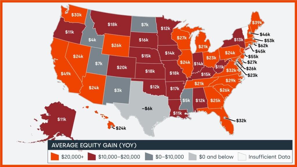 Average home equity changes by U.S. state year over year, Q4 2023