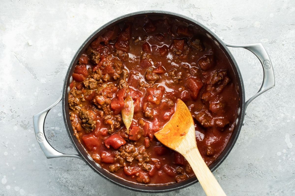 Hot dog chili in a saucepan.