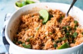 Mexican Rice in a white casserole dish.