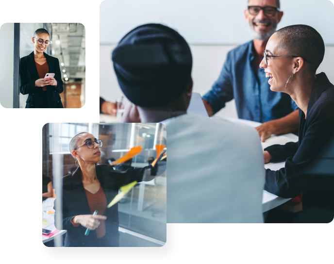 Woman in meeting laughing, looking at phone and putting notes on glass