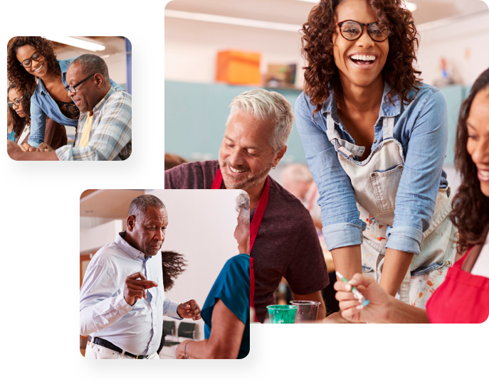 Right: 2 woman and a man sitting and doing art, Left: Man and Woman having conversation, Top Left: Woman helping man on phone