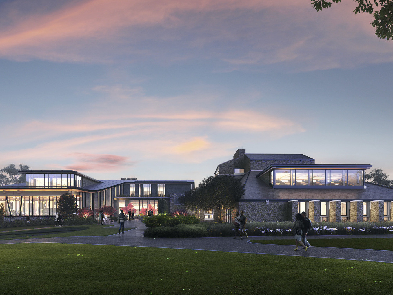 Swarthmore College Dining and Community Commons front entry illuminated from within in the evening, mass timber architecture, what is mass timber construction