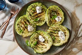 a recipe photo of the Charred Cabbage Steaks with Pesto & Burrata